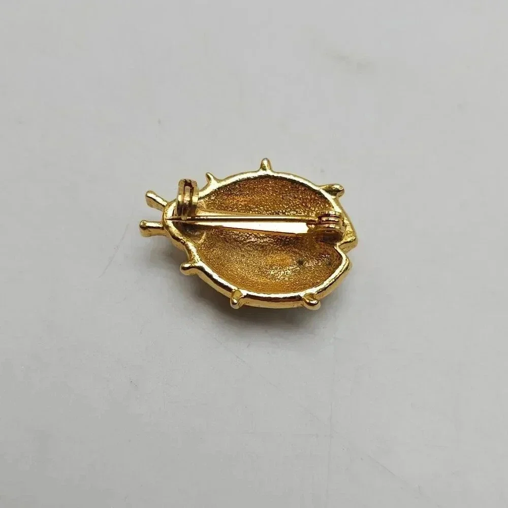 Vintage Gold-Tone Ladybug Rhinestone Brooch Pin With Red Gem Eyes